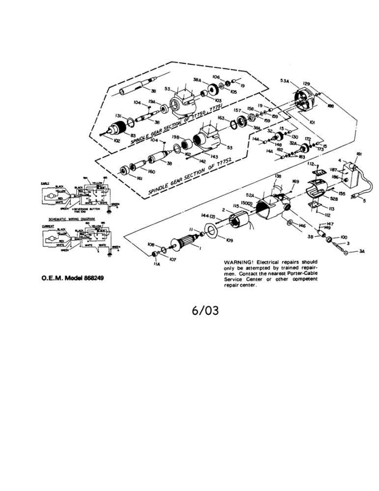 Power Unit Diagram and Parts List for 77750  Porter Cable Drill